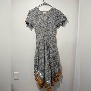 Floral Button-Down Dress in Blue and Yellow Japna XS